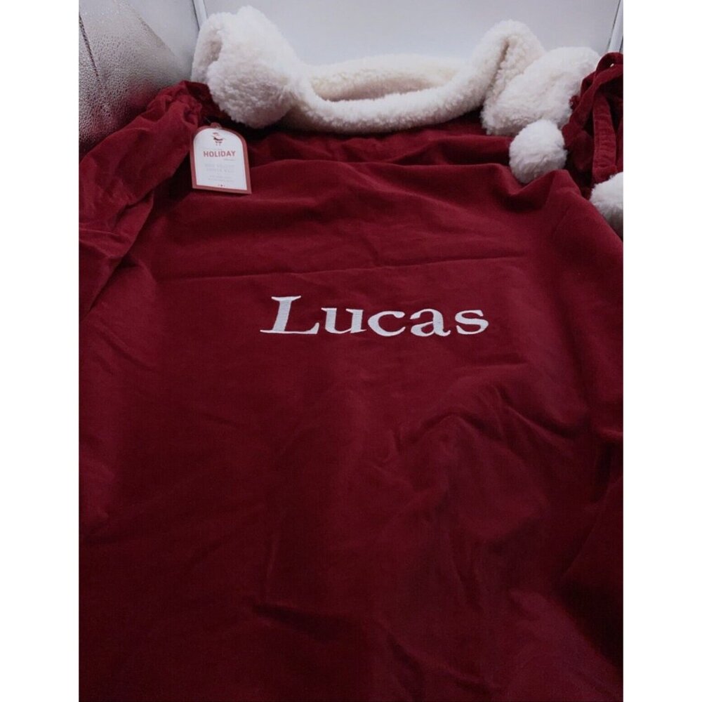 Pottery Barn Kids Lucas Red Velvet Santa Bag Sack Christmas Stocking 40 x 33 in
